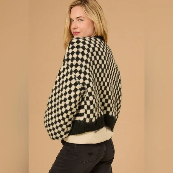 Altar’d State Claudia Checkered Cardigan Sweater Black & Cream Balloon Sleeve - Picture 4 of 13